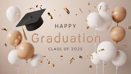 illustration showing "Happy Graduation" in elegant design with black graduation hat surrounded by party balloons in white and beige colors on beige background with confetti, celebrating class of 2025