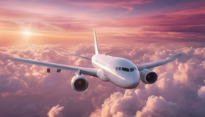 Obraz premium a sleek airplane flying through a breathtaking pink sunset sky, painted in vibrant shades of pink and purple, symbolizing freedom and adventure in travel.