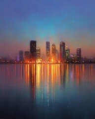 Fototapeta premium City skyline illuminated at dusk with vibrant reflections in the water and a colorful twilight sky