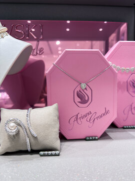 Jewelry display featuring ariana grande collection at swarovski store in penang