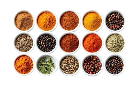 A white bowl filled with a variety of spices including pepper, cumin on islated transfarent background, PNG.