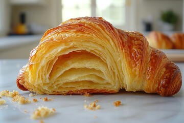 Flaky croissant's interior. Crispy golden texture