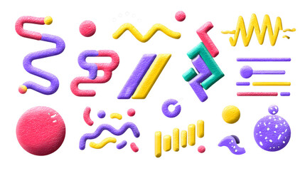 A set of  unique, abstract Memphis-style design elements (squiggles, geometric shapes, dots, lines) in a bold, vibrant 80s color palette, isolated on a transparent background
