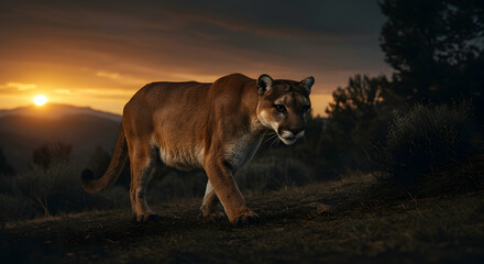 Fototapeta premium Cougar Walking on Hillside at Sunset in Nature
