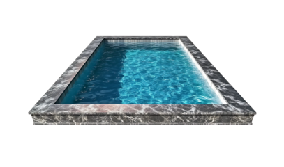 A small, square swimming pool with clear blue water and a concrete border  on islated transfarent background, PNG.