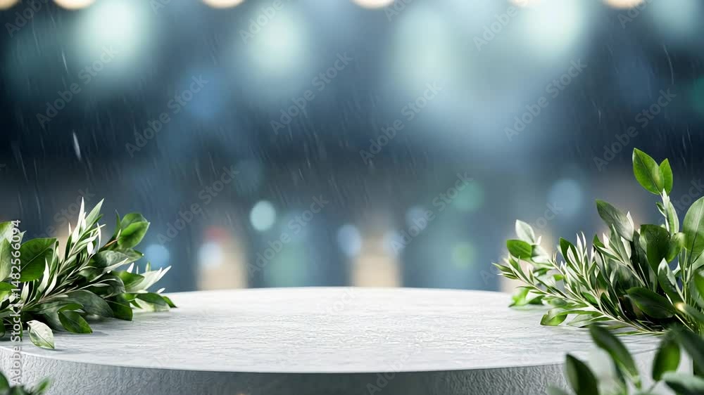 Poster elegant minimalist podium with greenery and soft bokeh lights for product display.