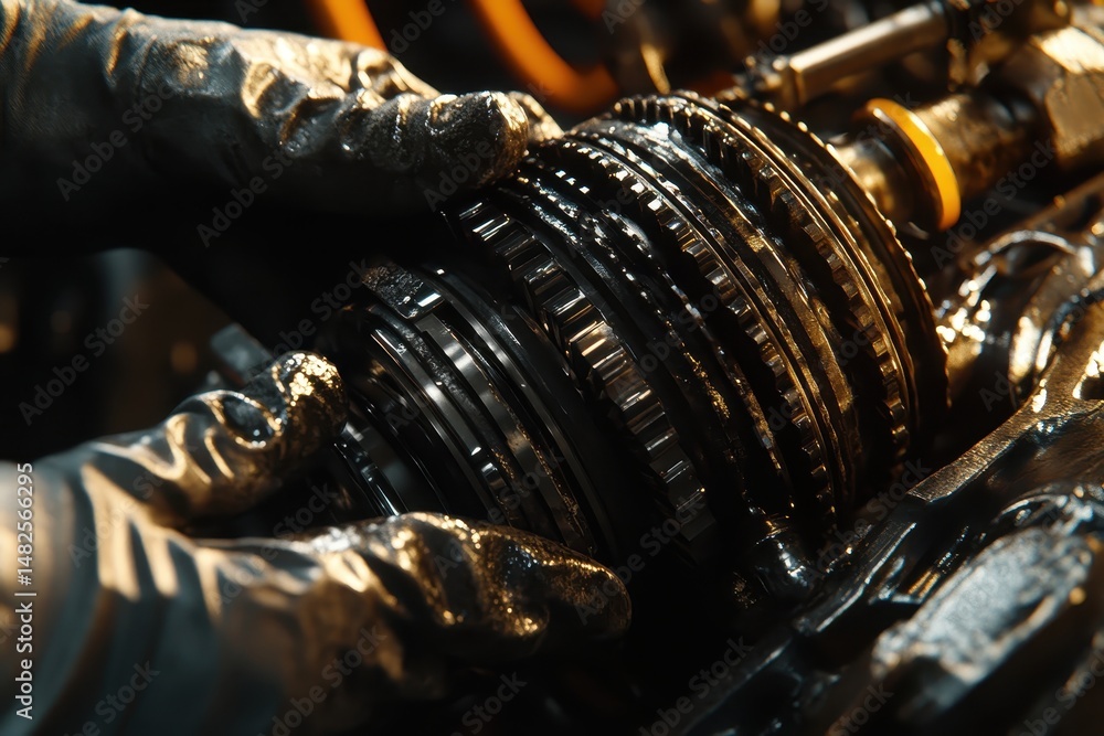 Poster close-up of hands working on engine components in mechanical workshop