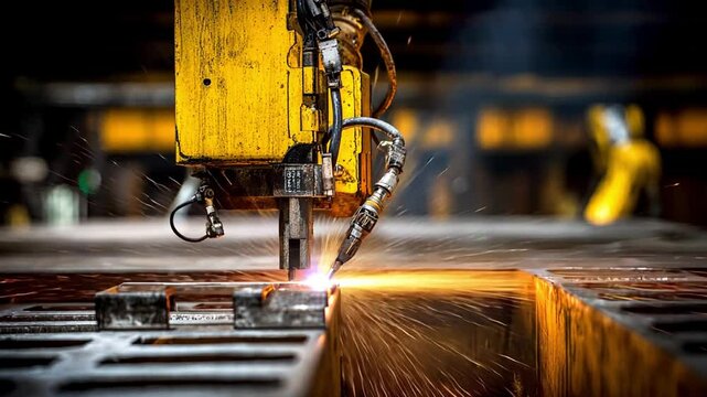 Industrial robotic arm performing welding on metal sheets in a factory setting with sparks flying