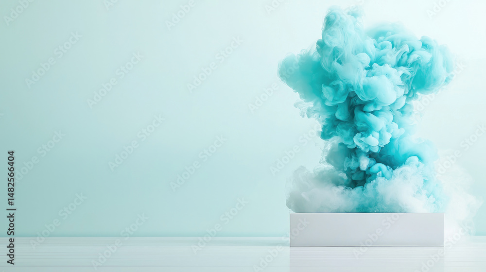 Poster dynamic turquoise smoke explosion studio setting artistic composition minimalist environment close-u