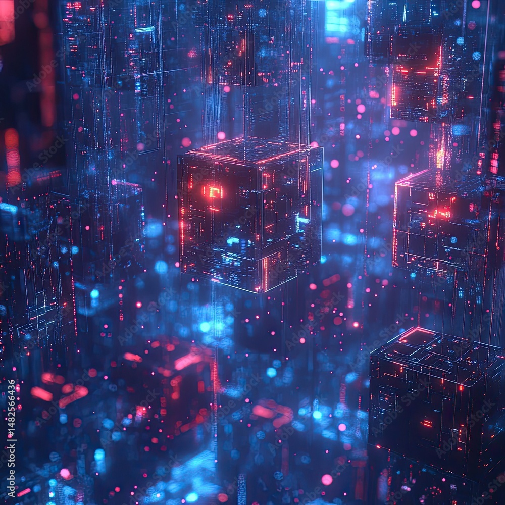 Poster digital cube network, glowing with vibrant light and intricate details. abstract, futuristic represe