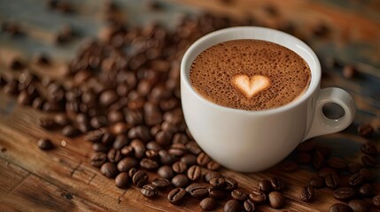 Fototapeta premium Heart-shaped latte art on a wooden table with coffee beans
