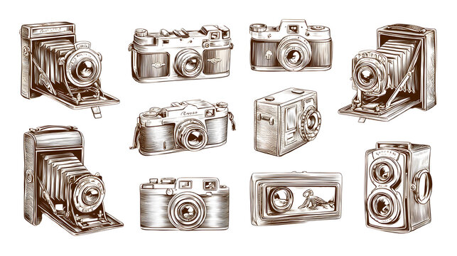 A set of 10 illustrated antique camera designs (e.g., folding bellows, twin-lens reflex, box camera) in fine line style, isolated on a transparent background