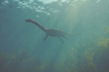 Dinosaur-like creature gliding through shallow waters, showcasing the tranquility of prehistoric life in a vibrant underwater environment