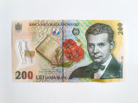 200 ron banknote top view isolated on white background. Eastern european money, romanian currency, cash