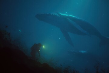 Fototapeta premium Deep-sea diver observes majestic whale in tranquil ocean depths during nighttime adventure