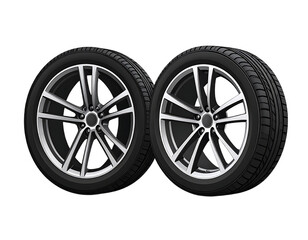 Obraz premium Alloy Wheels with Black Tires: A pair of shiny, silver-grey alloy wheels with five-spoke designs are set against a stark white background, showcasing their stylish and modern aesthetic.