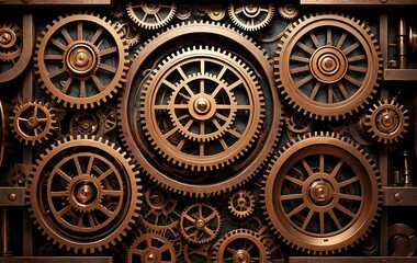 Obraz premium Intricate Machinery Background A Symphony of Bronze Gears, Precisely Interlocking, Representing Industrial Elegance and Mechanical Marvels