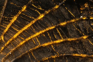Obraz premium Close-Up of Intricate Patterns on Leaf Surface with Golden Irradiation