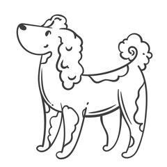 Cartoon poodle dog in minimal black monochrome outline. Cute fluffy pet with curly fur and elegant pose. Great for coloring pages, stickers, kids projects, or animal clipart.