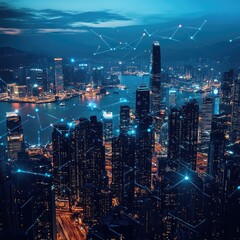 Obraz premium A night-time cityscape with digital connections. Modern metropolis at twilight