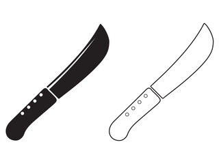 Machete Icon. Black and White Silhouettes of Curved Blade with Riveted Handle