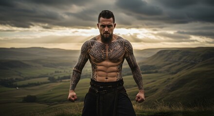 Powerful Tattooed Man in Dramatic Mountain Landscape