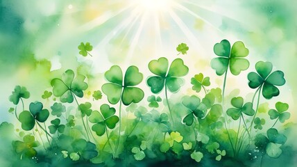 A watercolor green clover leaves, dreamy bokeh effect watercolor background with sunlight illuminating the leaves.