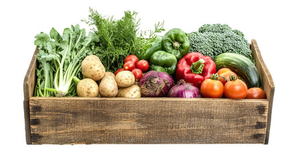 Wooden Box Filled with Various Vegetables Isolated on PNG Transparent Background
