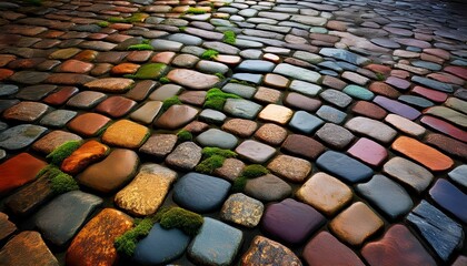 Historisches Kopfsteinpflaster mit moosbewachsenen Fugen und farbigen Steinen