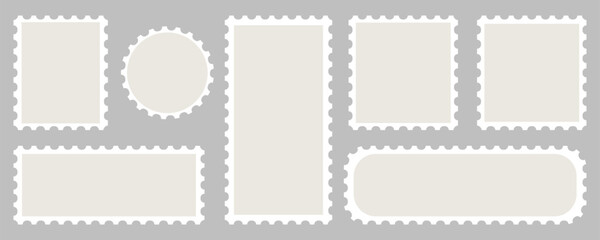  Postage stamp borders set vector. Blank Postage Stamps on gray background. Postage Stamps in flat design.