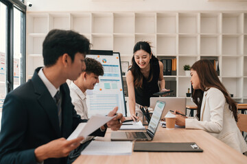 Smiling Businesswoman Leading Productive Team Discussion, Creative Office Collaboration