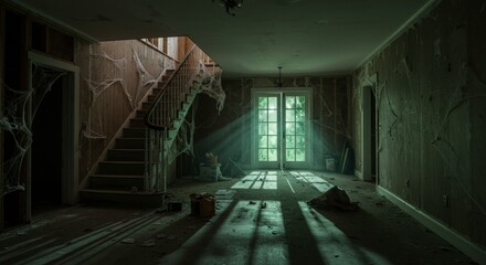 Obraz premium Spooky abandoned house interior with staircase cobwebs and sunlight
