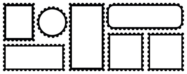 Set of black postage stamps. Post stamp frame and border. Clean postage stamp template. Postage icon. Realistic trendy post stamps set. Vector illustration.