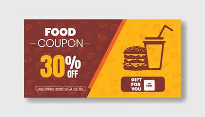Food sale Gift voucher and discount coupon template, restaurant Food sale horizontal banner vector design, gift voucher card, Promo code discount voucher graphic template