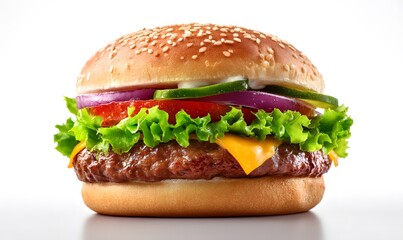 Juicy Cheeseburger with Sesame Seed Bun and Fresh Vegetables