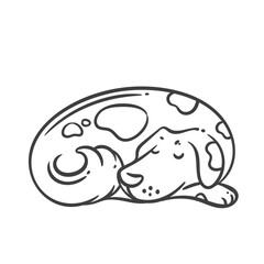 Cartoon sleeping dog curled up with closed eyes and spots. Monochrome doodle outline, minimal and cute. Great for coloring pages, kids designs, stickers, clipart, or pet themed projects.