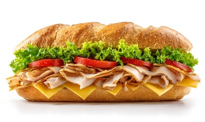 Delicious Turkey and Cheese Sub Sandwich on White Background