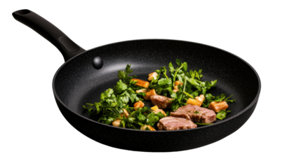 Close-up of a frying pan with cooked vegetables and meat pieces, healthy meal preparation, kitchen cookware