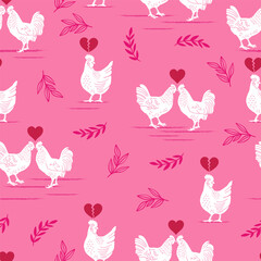 Funny Chicken Love Triangle Valentine Vector Seamless Pattern