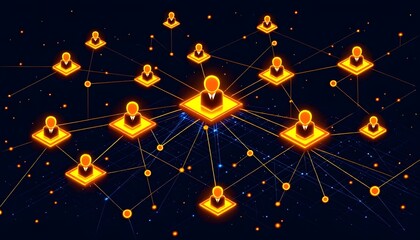 A flat design illustration of a global network with people connected by lines and nodes, tech and communication theme  .