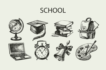 Hand drawn vector educating object set. Back to school vintage sketch illustrations © pim