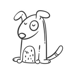 Funny cartoon dog with closed eyes, big nose and spotted belly. Monochrome outline doodle style, minimal and cute. Perfect for coloring pages, stickers, and children designs.