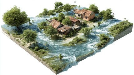 Naklejka premium Flooded village scene with lush greenery.