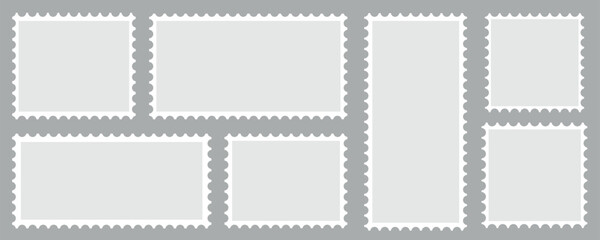  Postage stamp borders set vector. Blank Postage Stamps on gray background. Postage Stamps in flat design.