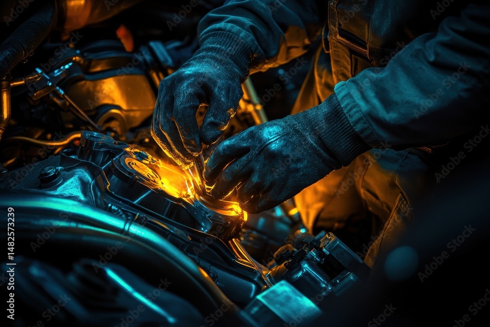 Poster detailed close-up of mechanic hands working with engine part