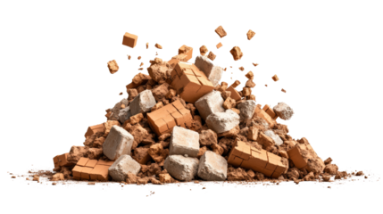 Pile of Construction Debris with Brick and Concrete Pieces Isolated on White Background