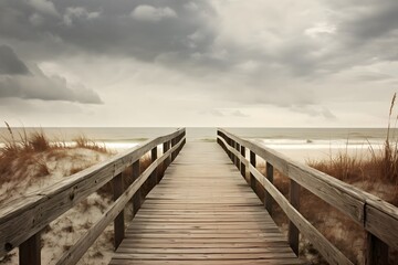 Obraz premium Wooden boardwalk leading to the ocean under a stormy sky