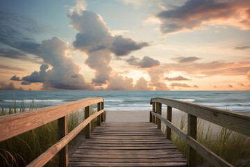 Obraz premium Wooden Beach Walkway at Sunset with Dramatic Clouds