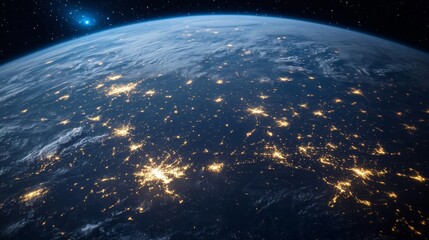 Obraz premium A satellite view of Earth at night, with city lights highlighting global urbanization. 