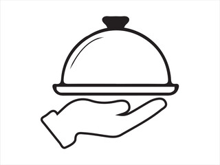 Serving Tray Icon. Hand Holding Covered Food Platter in Elegant Outline Design